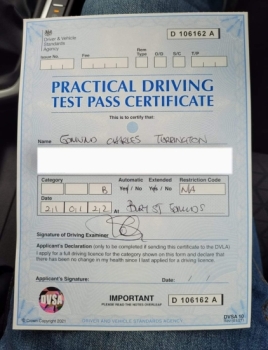Congratulations to Ed Terrington from Swaffham Prior who passed his driving test 1st time in Bury St Edmunds on the 21-1-22 after taking driving lessons with MR.L Driving School.
