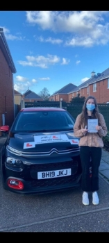 Congratulations to Danielle Cole from Newmarket who passed her driving test 1st time in Cambridge on the 25-2-22 after taking driving lessons with MR.L Driving School.
