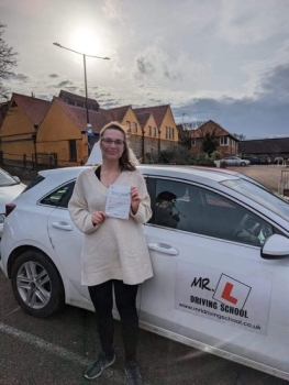 Congratulations to Tazmin Veasey who passed her driving test 1st time in Bury St Edmunds on the 16-3-23 after taking driving lessons with MR.L Driving School.
