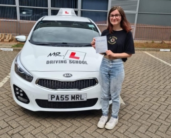 Congratulations to Charlotte Wilson who passed her driving test 1st time and with only 2 minor faults in Cambridge on the 31-5-22 after taking driving lessons with MR.L Driving School.